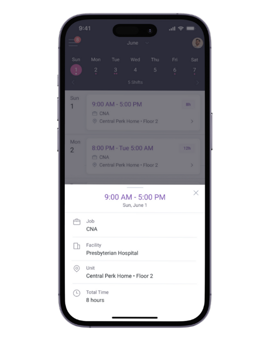 A smartphone screen displaying a work schedule for a CNA at Central Perk Home, with shifts listed and total hours highlighted.